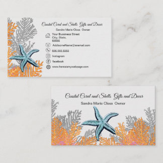 Coral Grey Teal Starfish  Simple Coastal Business Card
