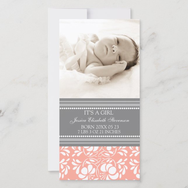 Coral Grey Template New Baby Birth Announcement (Front)