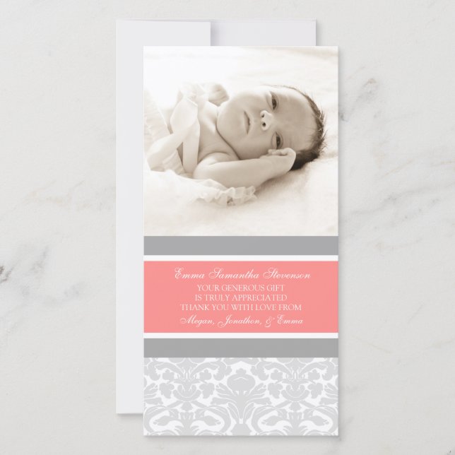Coral Grey Thank You Baby Shower Photo Cards (Front)