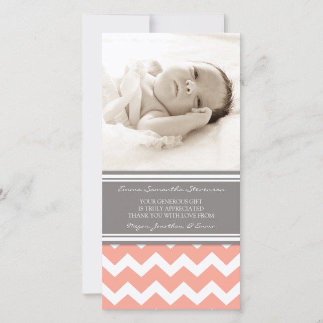 Coral Grey Thank You Baby Shower Photo Cards (Front)