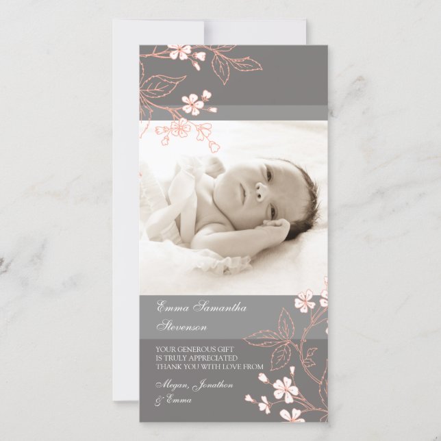 Coral Grey Thank You Baby Shower Photo Cards (Front)