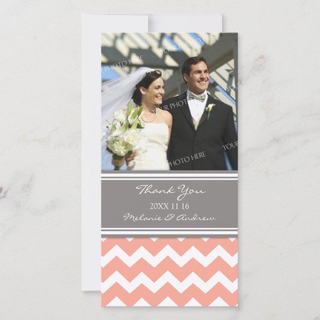 Coral Grey Thank You Wedding Photo Cards (Front)