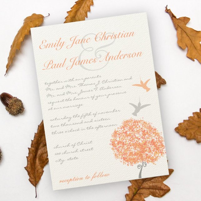 Coral Grey Tree Humming Birds Wedding Invitation (Creator Uploaded)