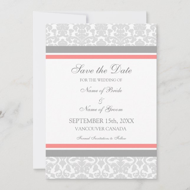 Coral Grey Wedding Save the Date Card (Front)