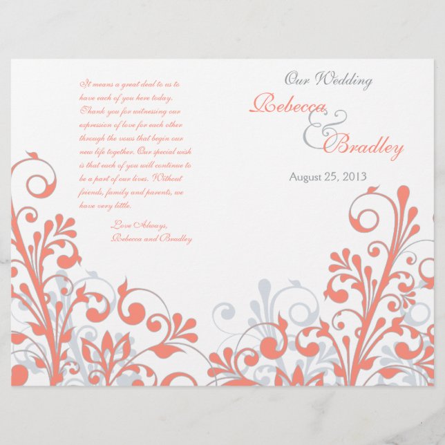 Coral grey white abstract floral wedding program (Front)