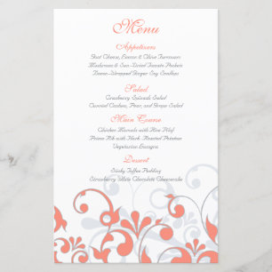 Coral Grey White Floral Wedding Menu Card