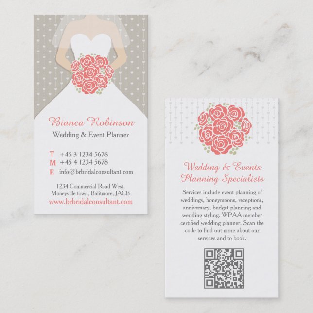 Coral, grey & white wedding planner QR Business Card (Front/Back)