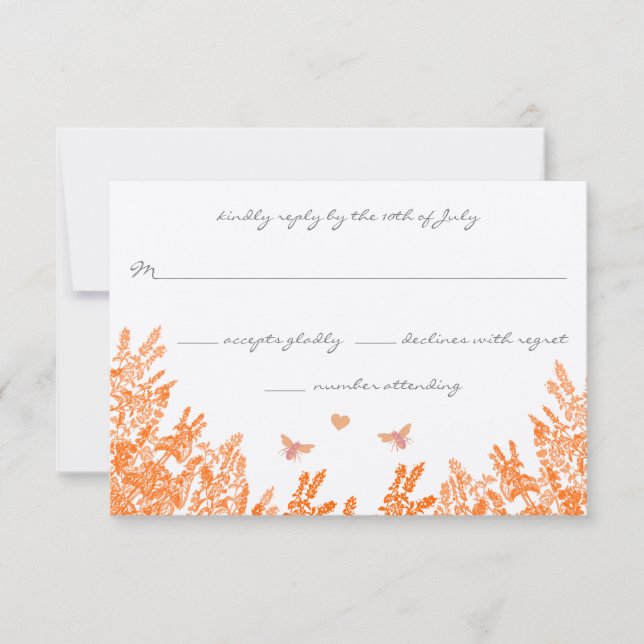 Coral & Grey Wild Flower Bee Wedding RSVP (Front)
