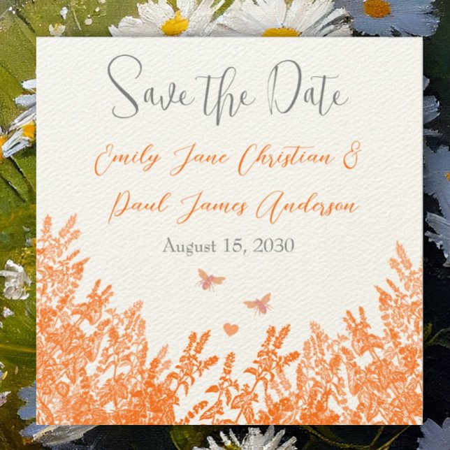 Coral & Grey Wild Flower Bee Wedding Save the Date (Creator Uploaded)