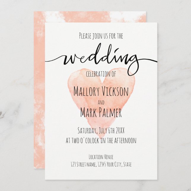 Coral handwritten typography wedding invitation (Front/Back)
