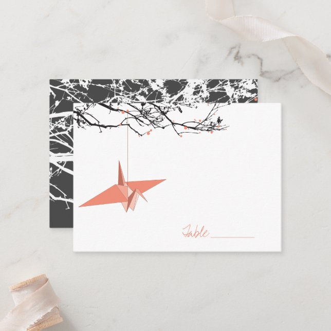 Coral Hanging Crane On Branches Asian Wedding Place Card (Front/Back In Situ)