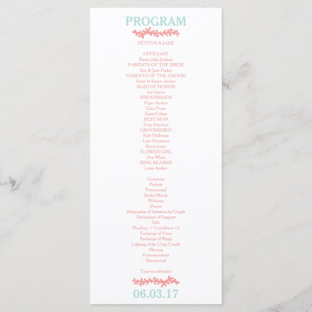 Coral Heart Aqua Beach Wedding Program Programme (Front)