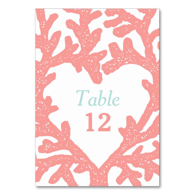Coral Heart Aqua Beach Wedding Table Numbers (Front)