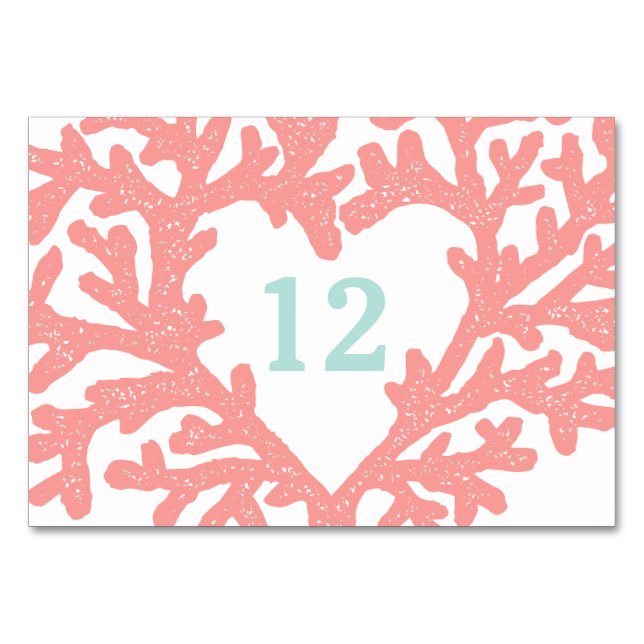 Coral Heart Aqua Beach Wedding Table Numbers (Front)