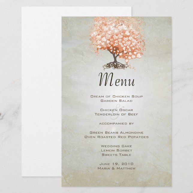 Coral Heart Leaf Tree Menu Card (Front/Back)
