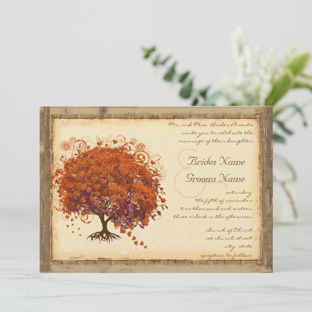Coral Heart Leaf Tree Rustic Barn Forest Wedding Invitation (Standing Front)