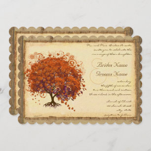 Coral Heart Leaf Tree Rustic Barn Forest Wedding Invitation