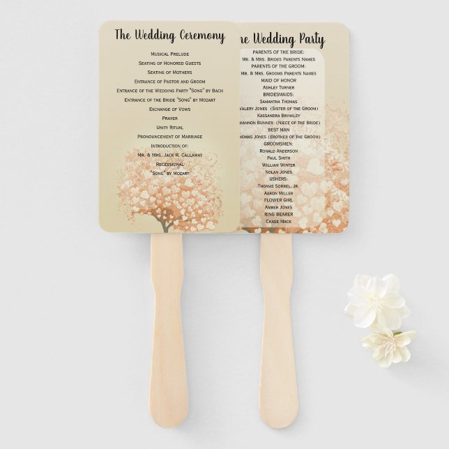 Coral Heart Leaf Tree Wedding Program Hand Fan (Front and Back)
