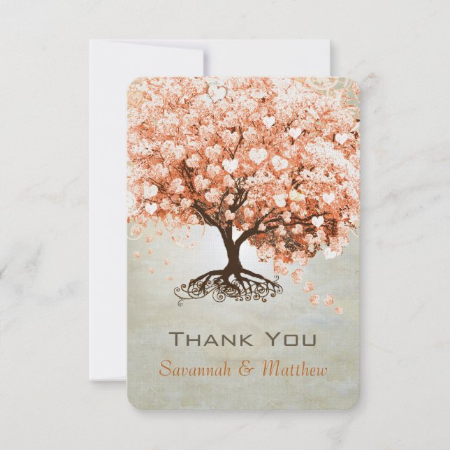 Coral Heart Leaf Tree Wedding Thank You Card (Front)