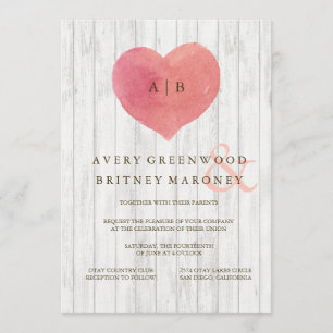 Coral Heart Watercolor Wedding Invitations