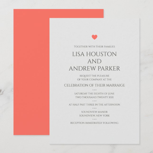 Coral Heart Wedding Invitation (Front/Back)