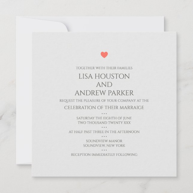 Coral Heart Wedding Square Invitation (Front)