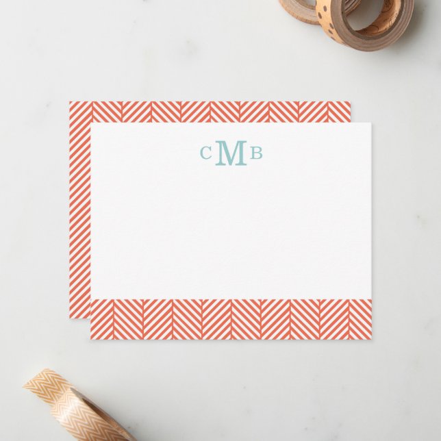 Coral Herringbone Custom Monogram Stationery Note Card (Front/Back In Situ)