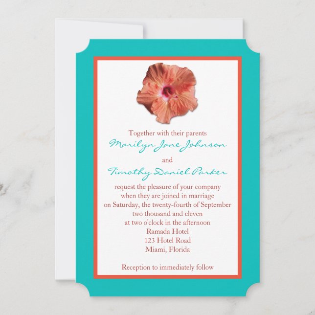 Coral Hibiscus and Aqua II Wedding Invitation (Front)