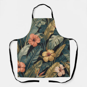 Coral Hibiscus Banana Leaf Tropical Pattern Dark Apron