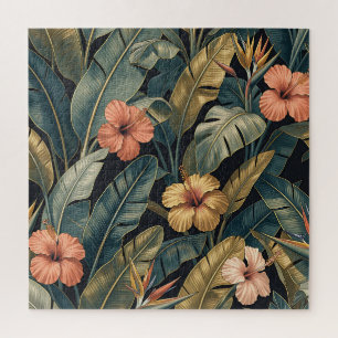 Coral Hibiscus Banana Leaf Tropical Pattern Dark Jigsaw Puzzle