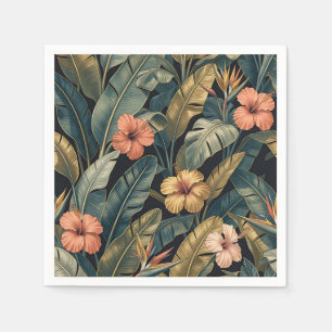 Coral Hibiscus Banana Leaf Tropical Pattern Dark  Napkin