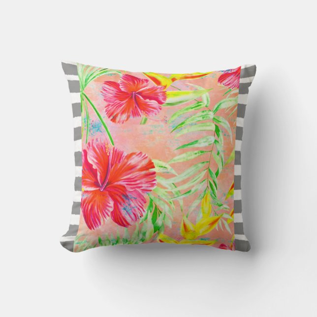 Coral Hibiscus Flower Throw Pillow (Front)