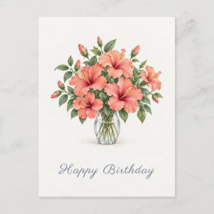Coral Hibiscus Happy Birthday Postcard