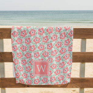 Coral Hibiscus Monogram Beach Towel