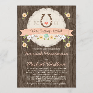 Coral Horseshoe Heart Western Wedding Invitation