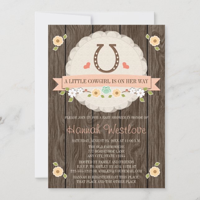CORAL HORSESHOE WESTERN COWGIRL BABY SHOWER INVITATION (Front)