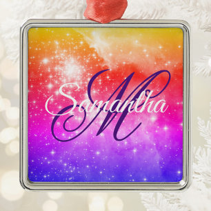 Coral Hot Pink and Purple Celestial Ombre Monogram Metal Tree Decoration