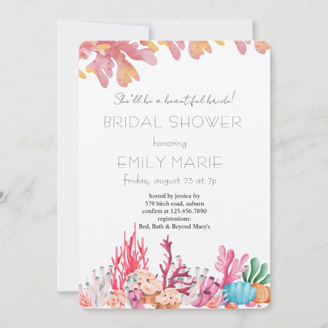 Coral Kisses & Ocean Wishes Bridal Shower Invitation (Front)