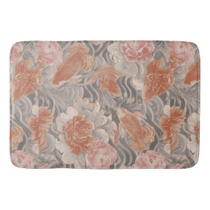 Coral Koi Chinoiserie Floral Pattern Bath Mat