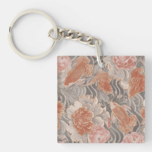 Coral Koi Chinoiserie Floral Pattern Key Ring