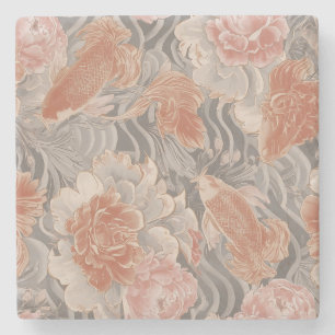 Coral Koi Chinoiserie Floral Pattern Stone Coaster