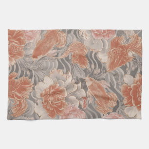 Coral Koi Chinoiserie Floral Pattern Tea Towel