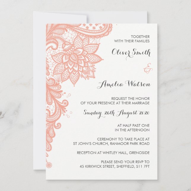 Coral Lace Wedding Invitation (Front)