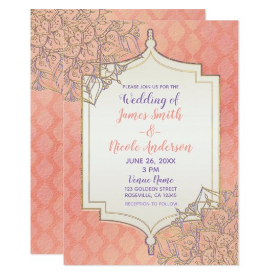 Coral Lavender Gold Moroccan Glam Indian Wedding Invitation