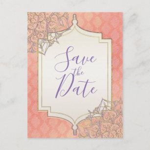 Coral Lavender Gold Moroccan Glam Save the Date Announcement Postcard