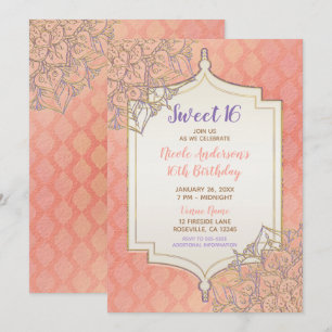 Coral Lavender Gold Moroccan Glam Sweet 16 Party Invitation