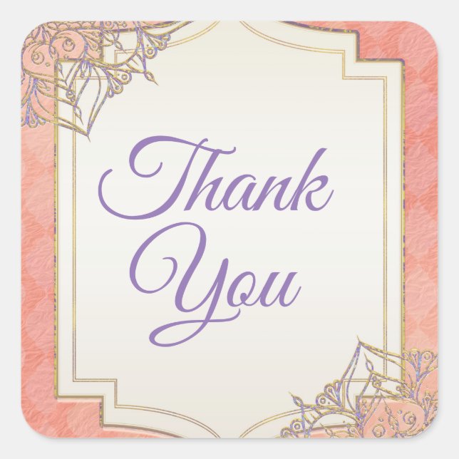 Coral Lavender Gold Moroccan Glam Wedding Favour Square Sticker (Front)