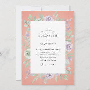 Coral Lavender Watercolor Wedding Invitation