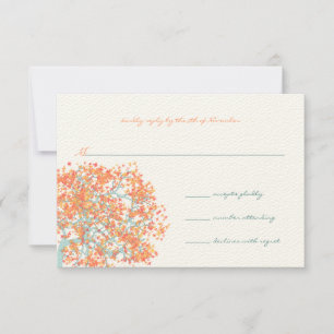 Coral Leaves Aqua Blue Tree Wedding RSVP Card