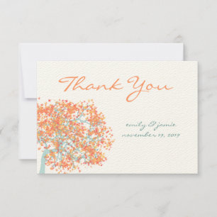 Coral Leaves AQUA Tree  Wedding Thank You Card